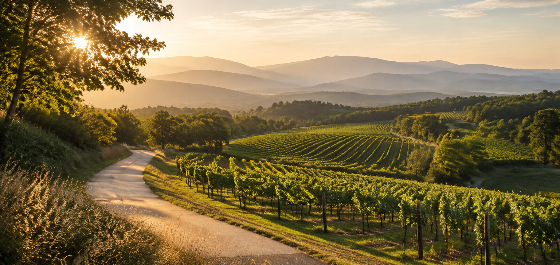 Vineyard rows winding through rolling Virginia hills beneath the Blue Ridge at golden hour